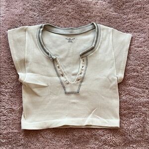 Urban Outfitters Cream Ribbed Short Sleeve Top with Gray Trim